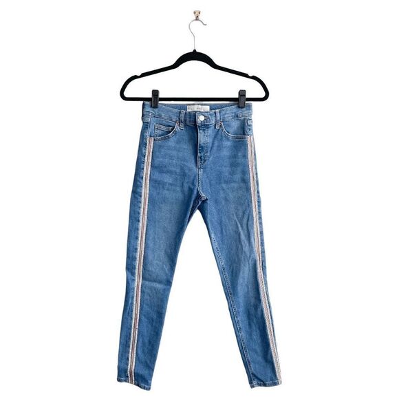 Topshop Womens Denim Jeans Moto Jamie Skinny Side Stripes Blue Wash Size 28 - Picture 3 of 11